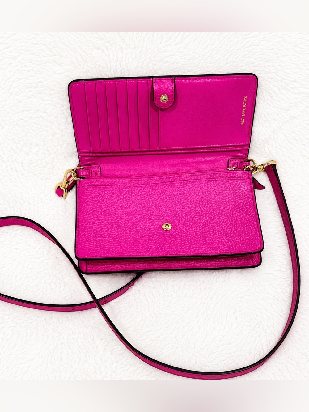 Michael Kors Pebbled Leather Wallet Crossbody Purse Pink Fuchsia - Picture 4 of 6